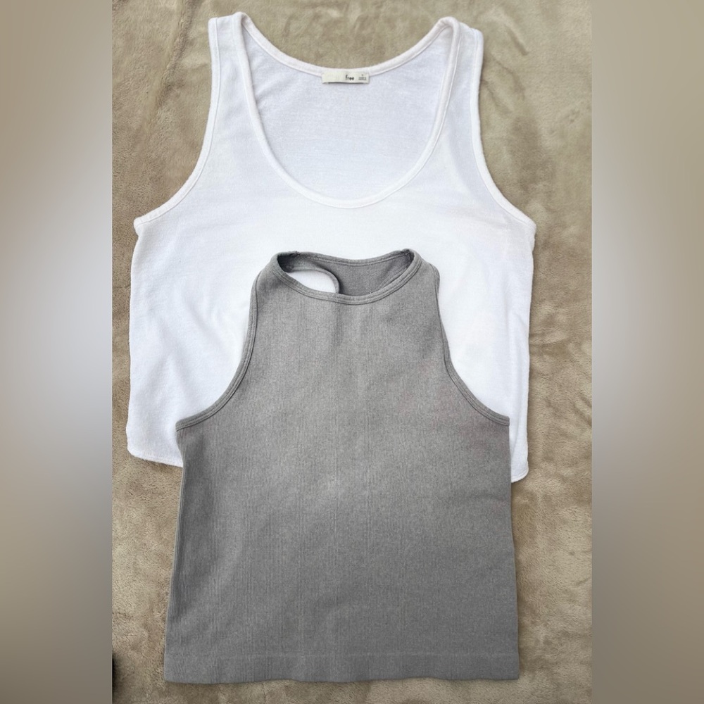Free People gray & white tops; white: round neck/waist ties; gray racer back, S